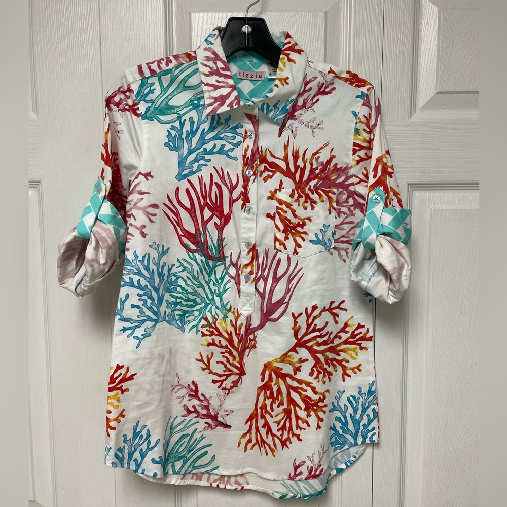 tizzie cotton blouse. Coral design. Size S - Picture 1 of 3